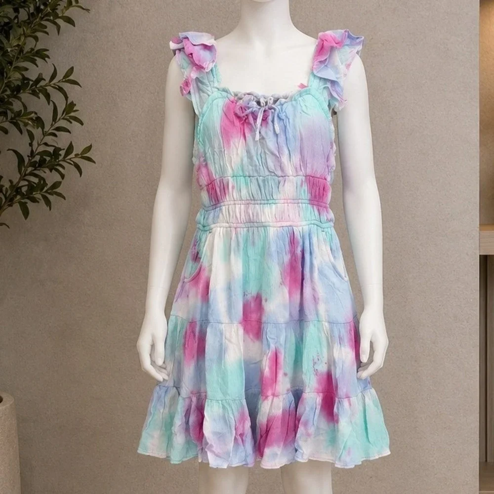 Justice Girls Tie Dye Effect Ruffle Tiered Smocked Dress Multi Size S 7/8
